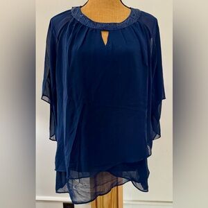 Navy Blue Sequin Neck Chiffon Layered Poncho Blouse Keyhole Flutter Sleeve Top